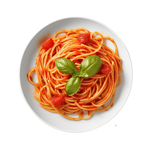 Leckere Spaghetti mit Tomatensoße auf einem weißen Teller